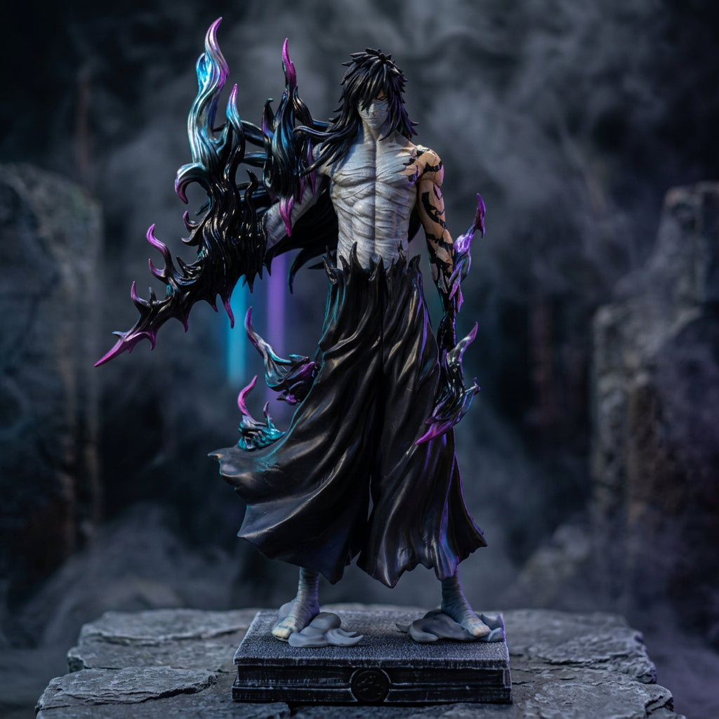 Premium Anime Swordsman Statue with Dark Flame Energy Aura and Bandaged Torso
