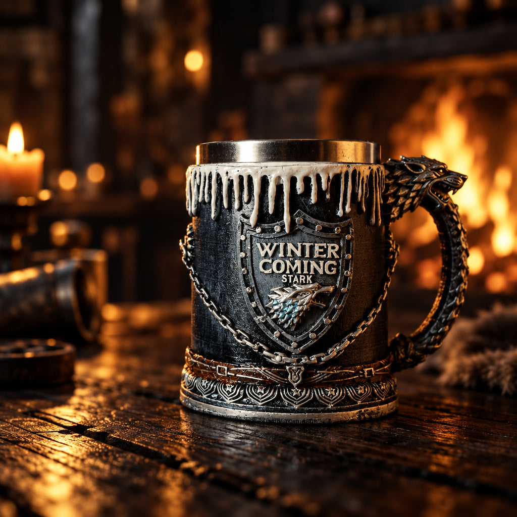 Gothic Nordic Beast Tail Handle Coffee Mug - Stainless Steel & Resin Medieval Drinking Vessel with Shield Relief