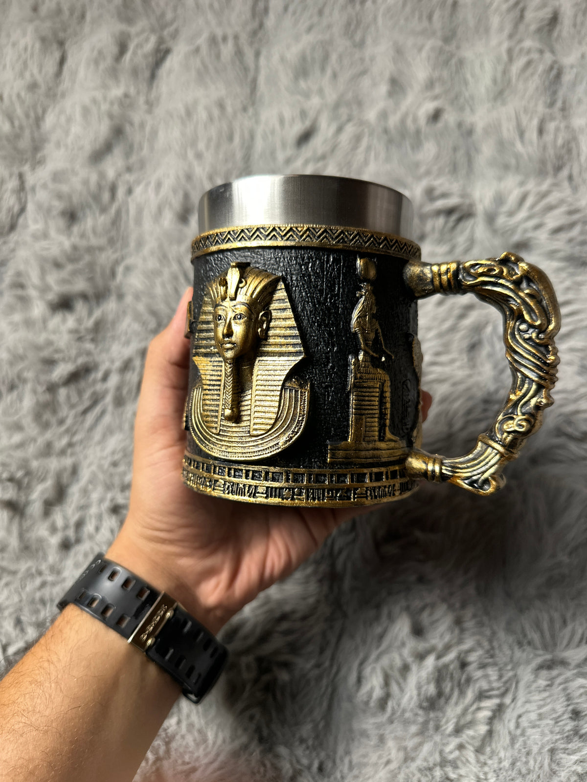 3D Ancient Egyptian Pharaoh Mug – Stainless Steel & Resin Tankard with Nefertiti and Pyramids