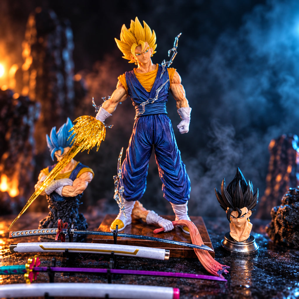 Golden Spiky Hair Warrior Prince Resin Statue - Hand-Painted Japanese Anime Battle Figurine with Base
