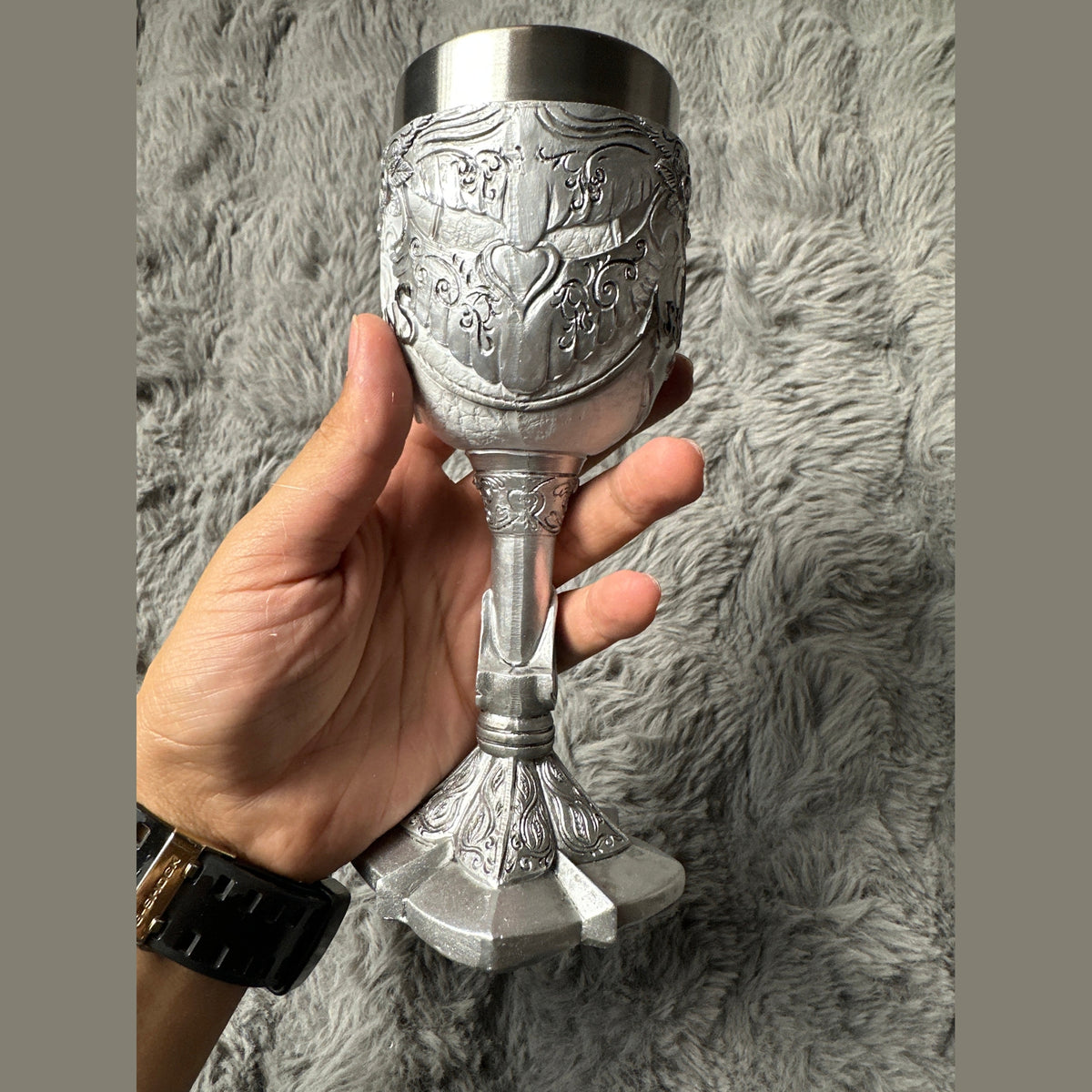 Medieval Stealth Brotherhood 3D Chalice - Silver Resin & Stainless Steel Wine Goblet for Gamers