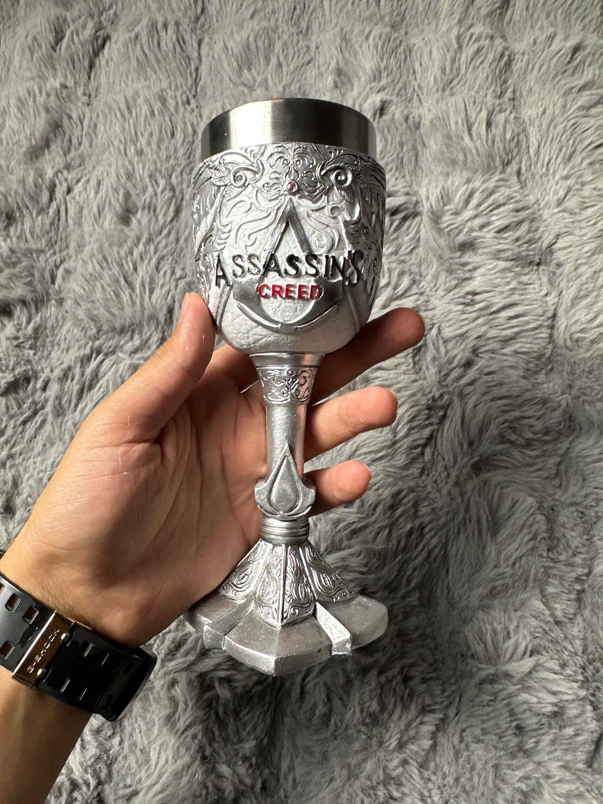 Assassin's Creed 3D Goblet – Silver Resin & Stainless Steel Chalice Wine Cup for Gamers