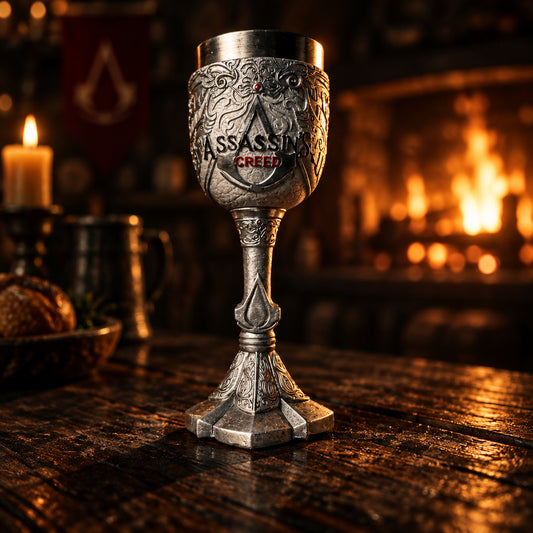 Medieval Stealth Brotherhood 3D Chalice - Silver Resin & Stainless Steel Wine Goblet for Gamers