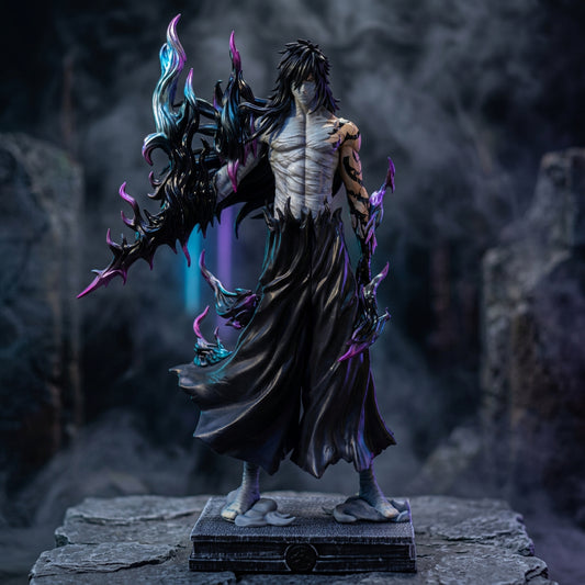 Premium Anime Swordsman Statue with Dark Flame Energy Aura and Bandaged Torso