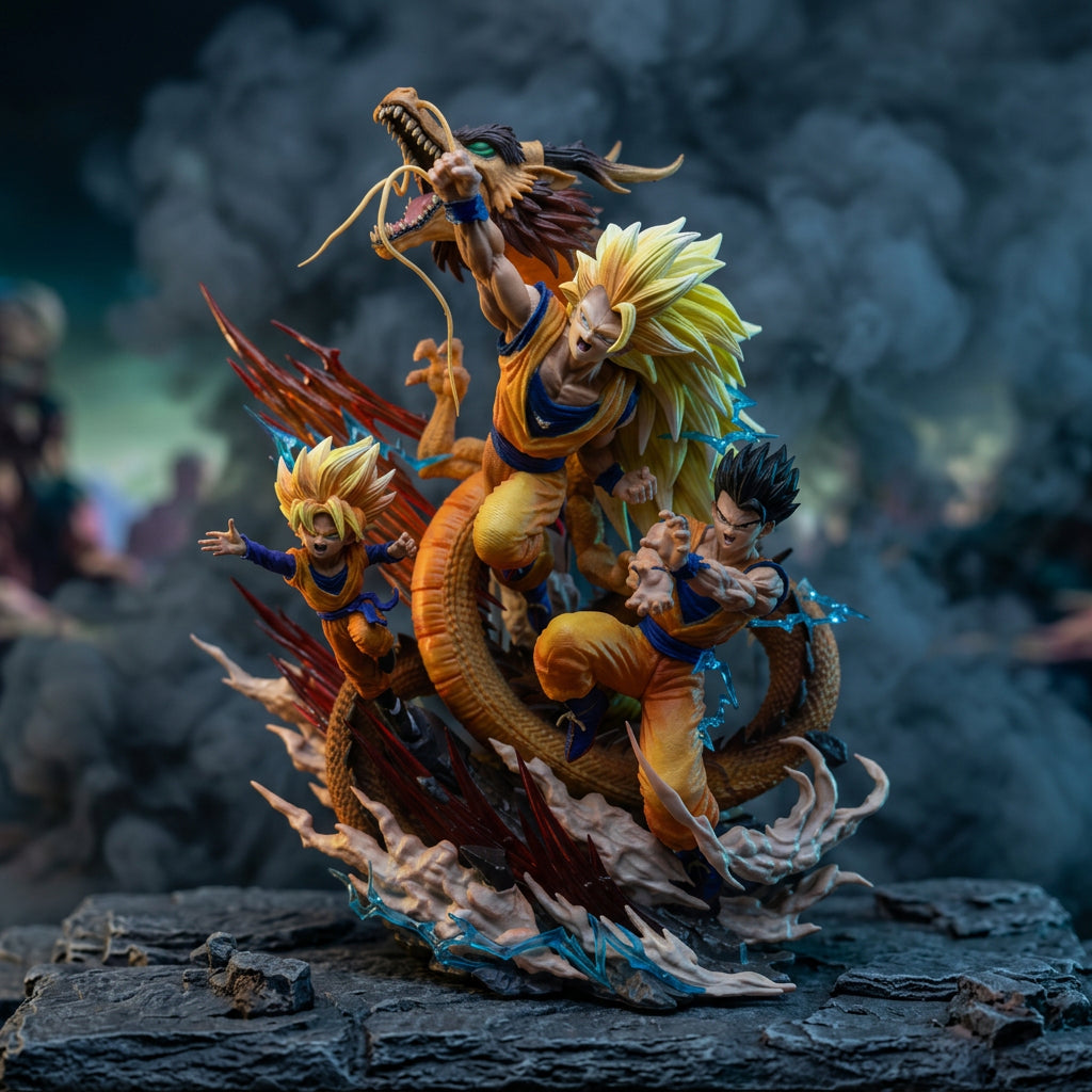 Epic Anime Warrior Family Diorama Statue with Giant Golden Dragon