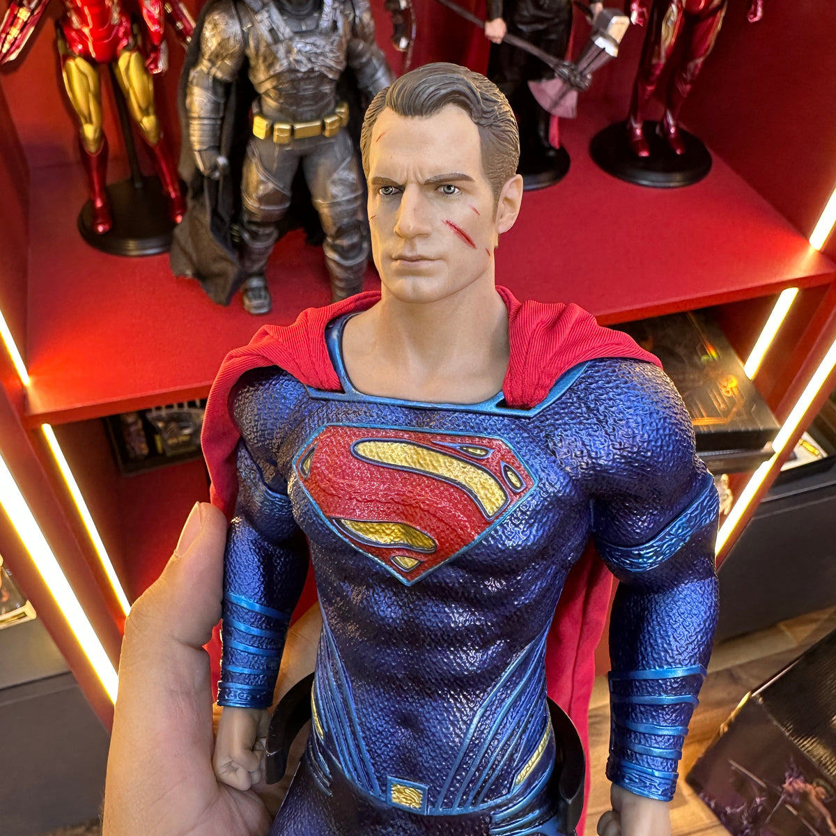 Premium 1/6 Scale Flying Hero Action Figure with Red Cape and Blue Suit
