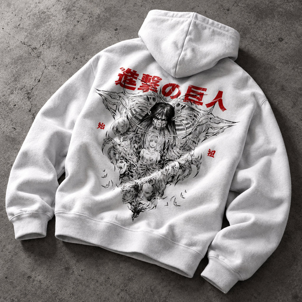 Advancing Shifter Titan Flesh Graphic White Pullover - Premium Brushed Fleece Drop-Shoulder Post-Apocalyptic Winter Hooded Sweatshirt