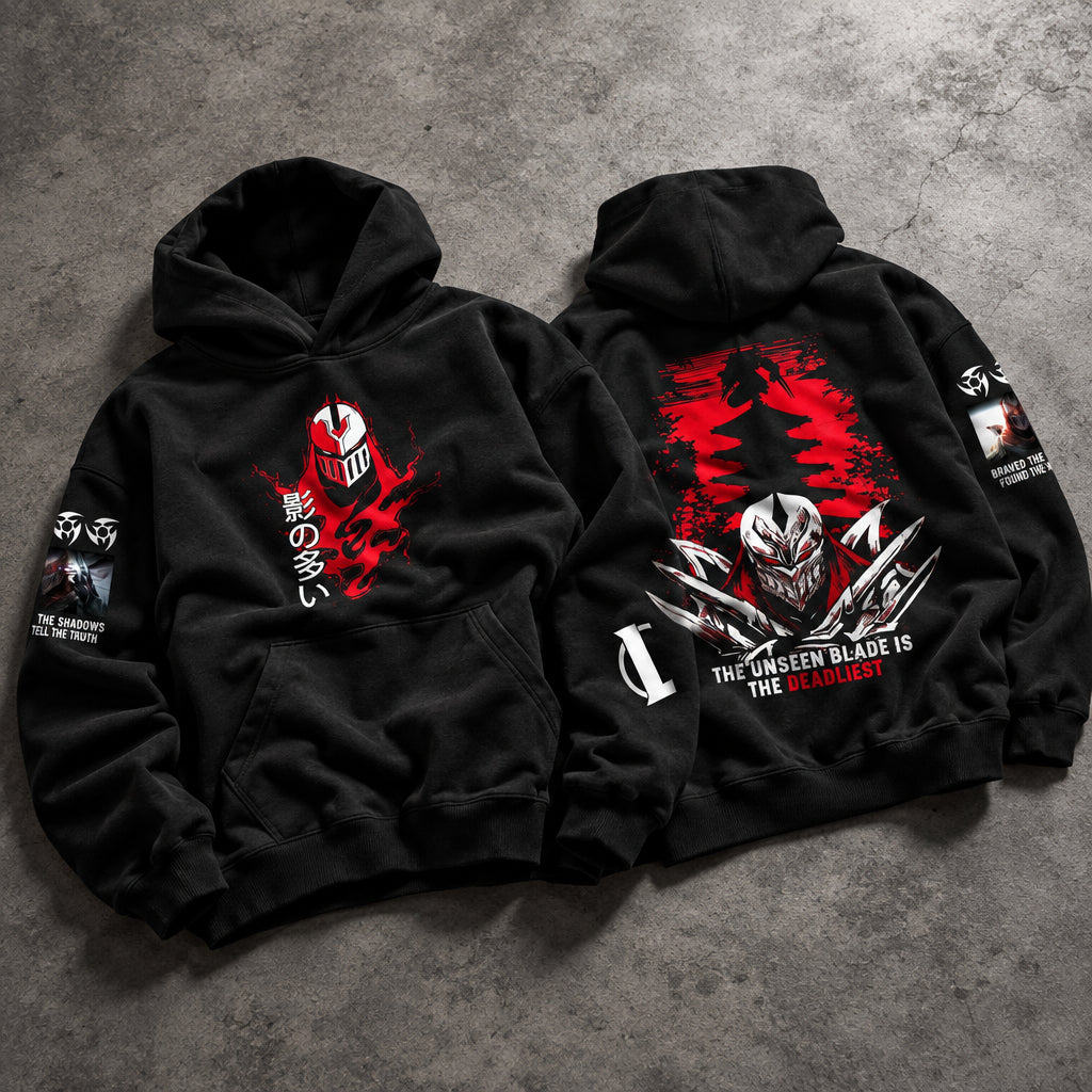 Blade Master Living Shadow Graphic Black Hoodie - Harajuku Acid Wash Dark Fantasy Cyber-Ninja Oversized Kangaroo Pocket Hoodie