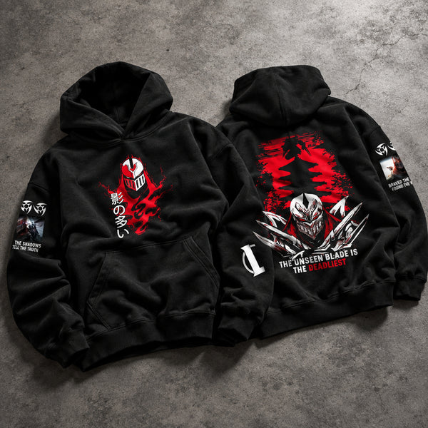 Blade Master Living Shadow Graphic Black Hoodie - Harajuku Acid Wash Dark Fantasy Cyber-Ninja Oversized Kangaroo Pocket Hoodie