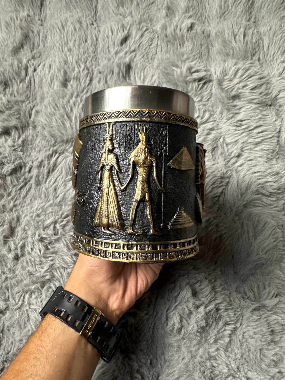 3D Ancient Egyptian Pharaoh Mug – Stainless Steel & Resin Tankard with Nefertiti and Pyramids