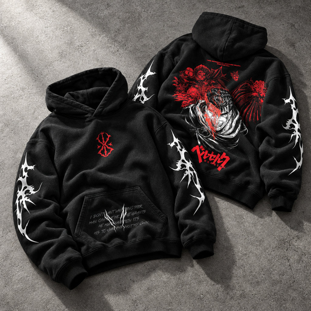 Cursed Brand Berserker Beast Graphic Black Hoodie - Harajuku Acid Wash Japanese Manga Multi-Print Oversized Kangaroo Pocket Hoodie