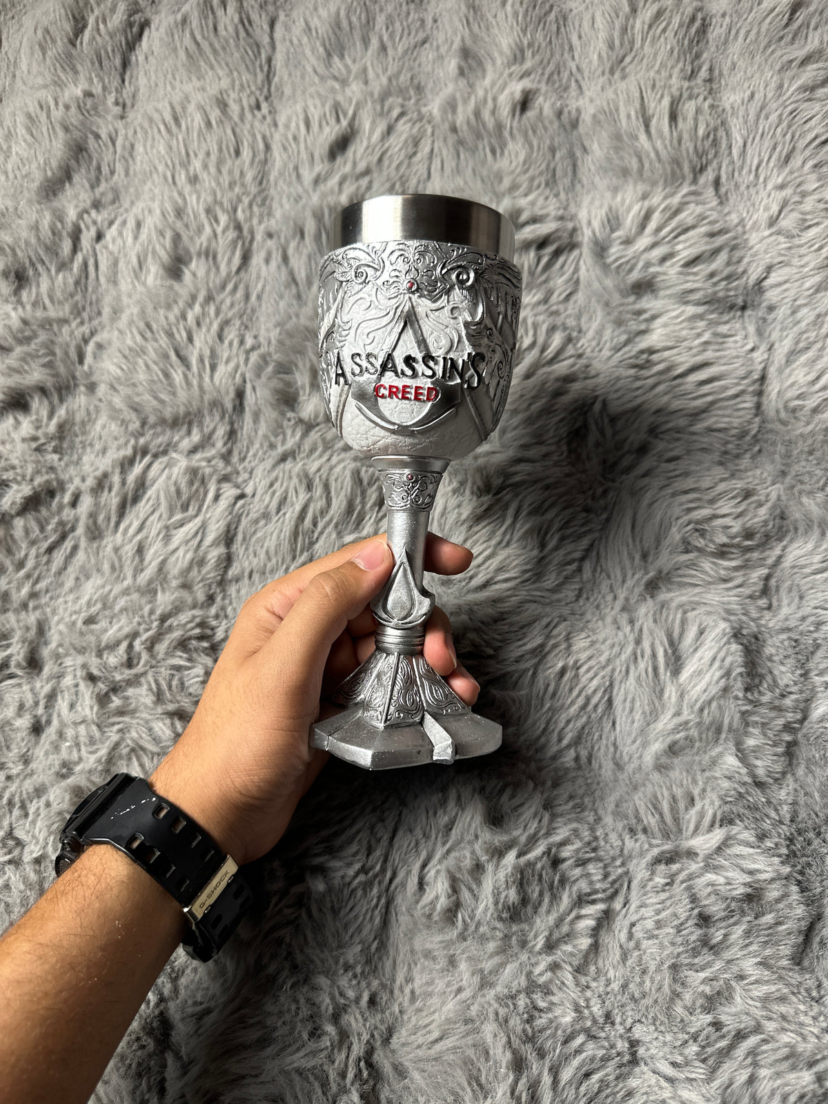 Assassin's Creed 3D Goblet – Silver Resin & Stainless Steel Chalice Wine Cup for Gamers