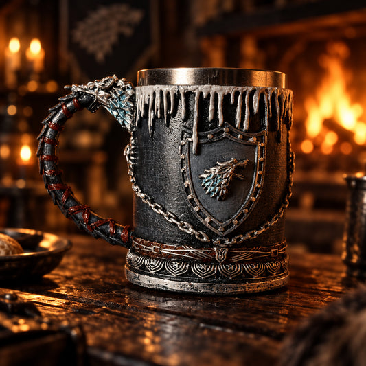 Gothic Nordic Beast Tail Handle Coffee Mug - Stainless Steel & Resin Medieval Drinking Vessel with Shield Relief