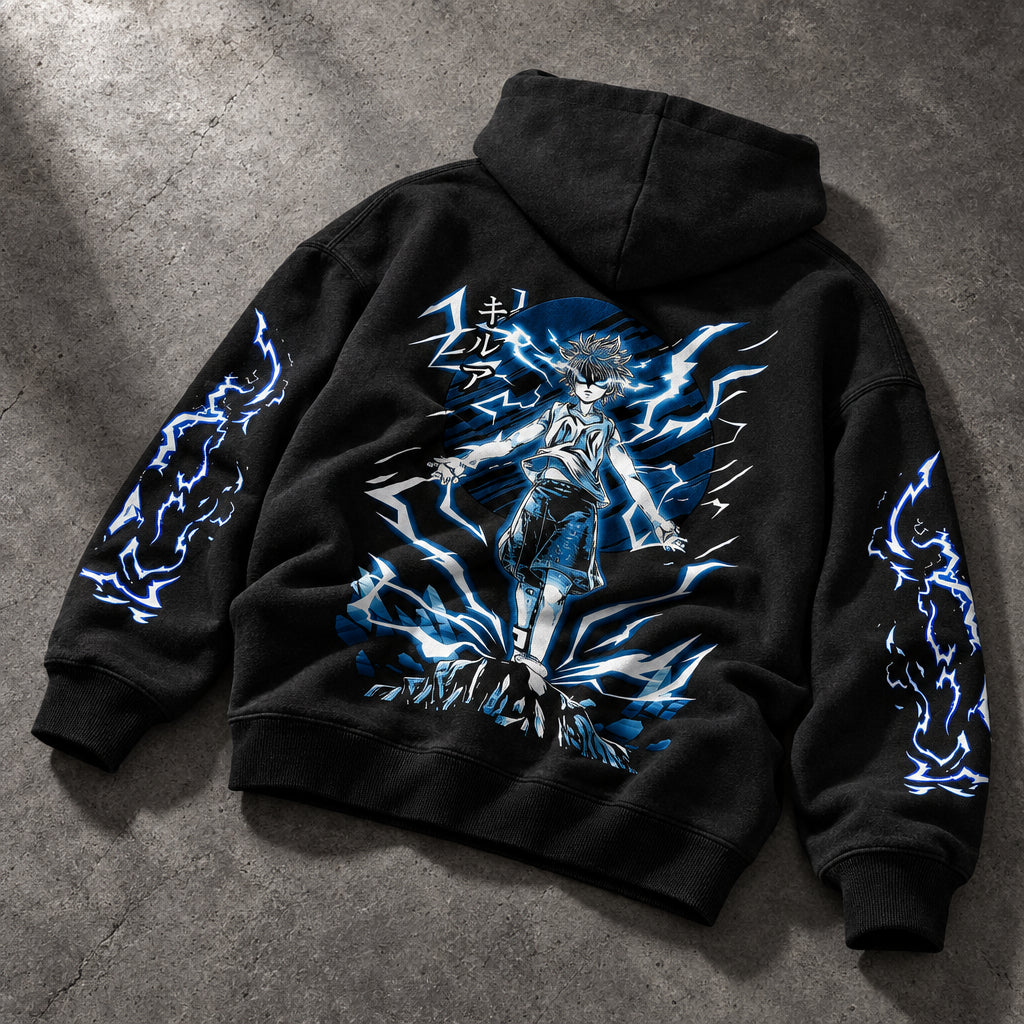 Electric Aura Silver Hair Prodigy Graphic Black Hoodie - Harajuku Acid Wash Japanese Manga Oversized Kangaroo Pocket Hoodie