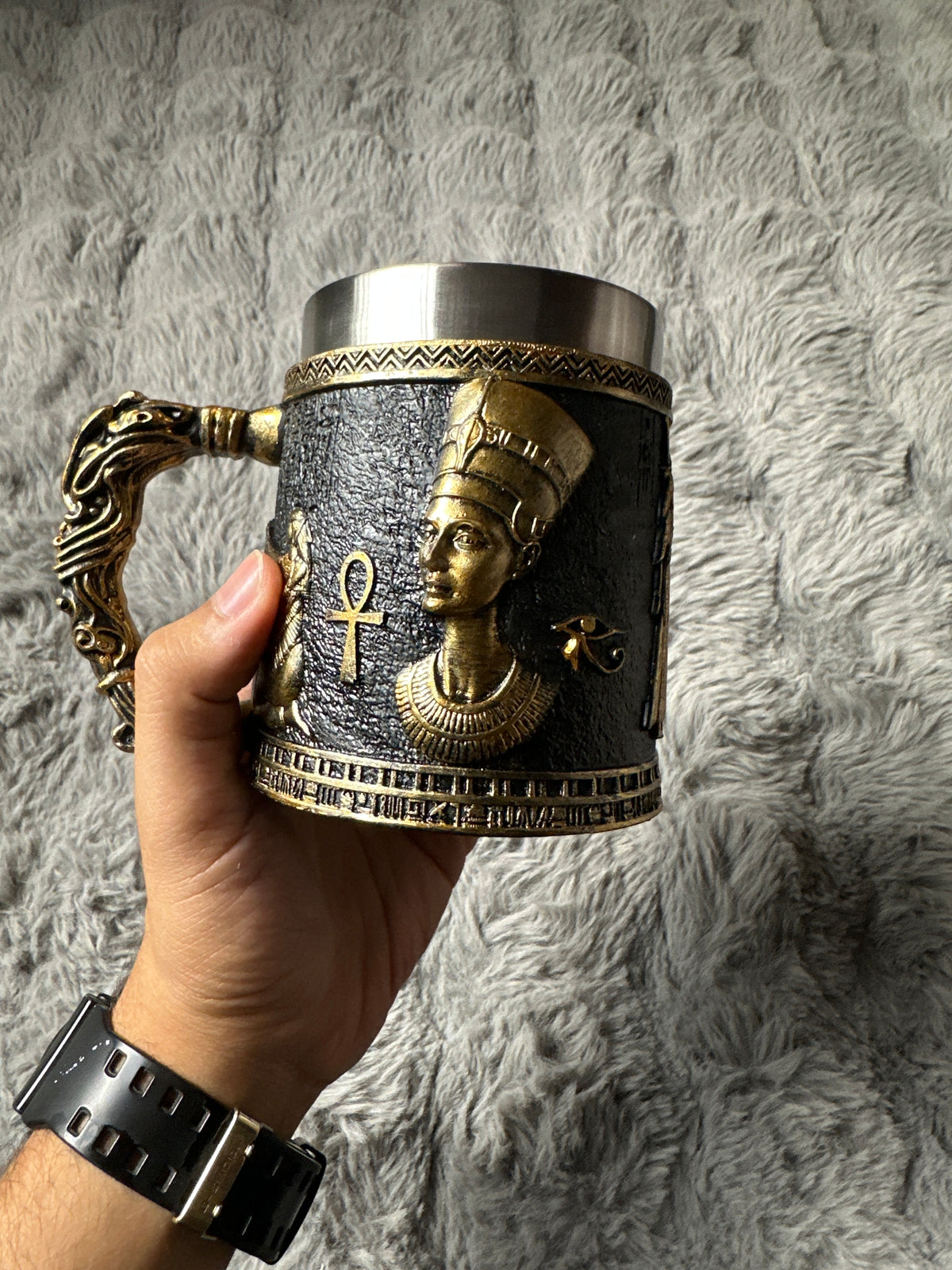 3D Ancient Egyptian Pharaoh Mug – Stainless Steel & Resin Tankard with Nefertiti and Pyramids