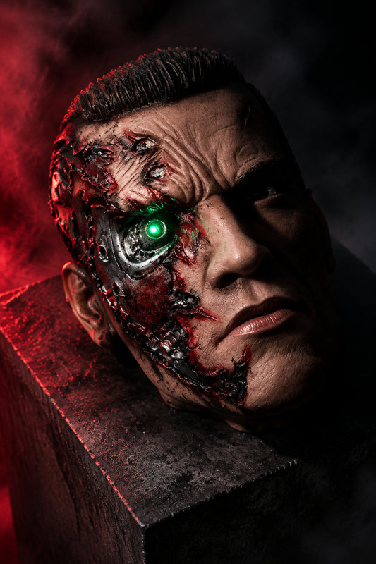 Battle-Damaged Cybernetic Android Latex Mask - Half Robot Exposed Metal Skull Headgear for Halloween