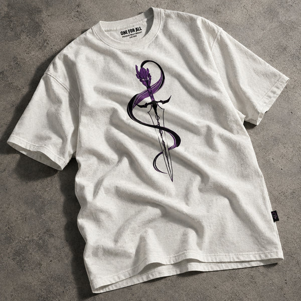 Dagger Necromancer Awakening Graphic White Tee - Harajuku Acid Wash Fantasy Action Oversized Crewneck Top