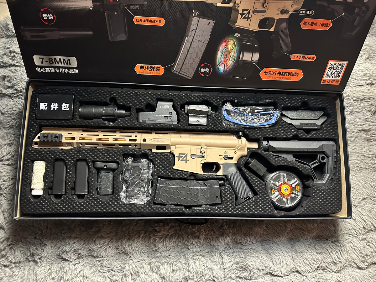 F4 M4-Style Water Bead Blaster with Drum Mag, Scope, and Safety Glasses