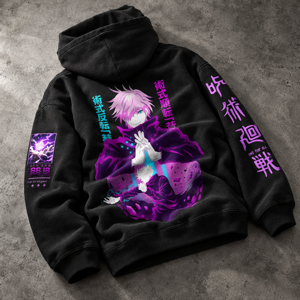 Infinite Void Domain Master Graphic Black Hoodie - Harajuku Acid Wash Japanese Manga Oversized Kangaroo Pocket Hoodie