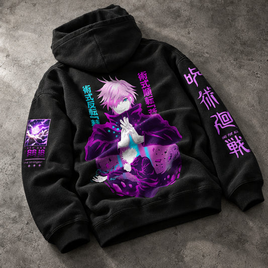Infinite Void Domain Master Graphic Black Hoodie - Harajuku Acid Wash Japanese Manga Oversized Kangaroo Pocket Hoodie