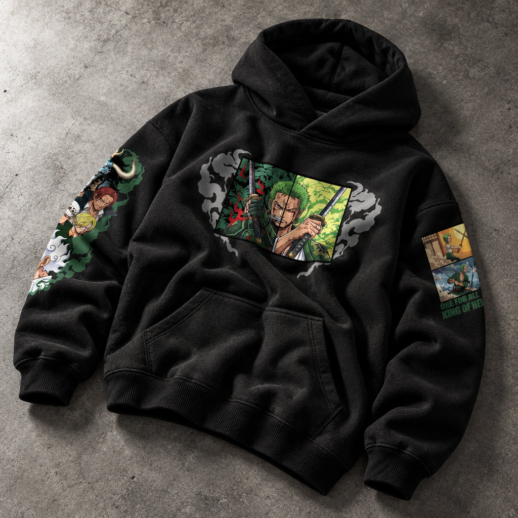 Reflective Triple Blade Swordsman Black Hoodie - Luminous Anime Graphic Heavyweight Cotton Streetwear Pullover