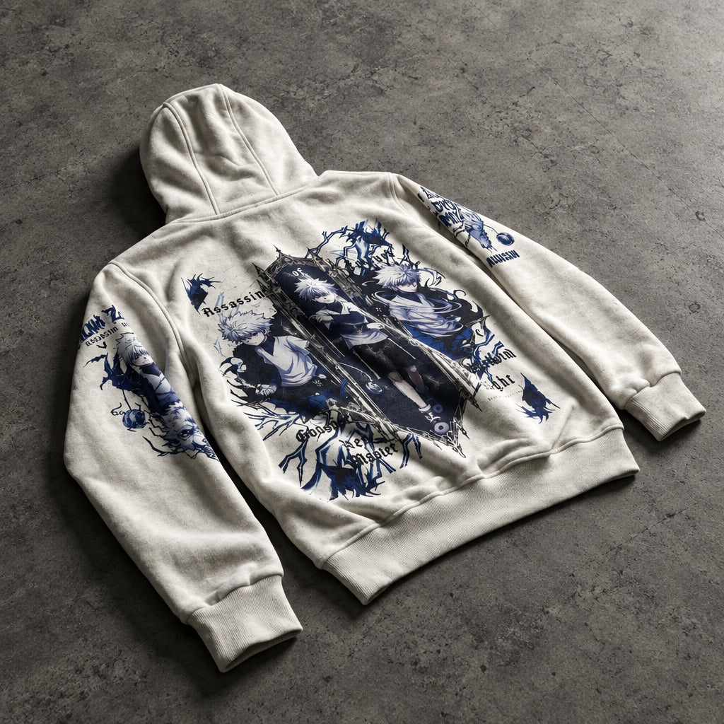 Silver Hair Lightning Assassin Graphic White Hoodie - Heavyweight Cotton Dark Manga Streetwear Pullover for Men & Women