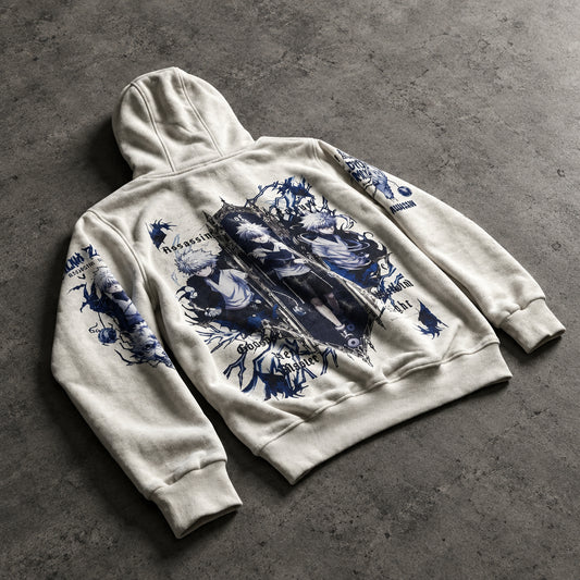 Silver Hair Lightning Assassin Graphic White Hoodie - Heavyweight Cotton Dark Manga Streetwear Pullover for Men & Women