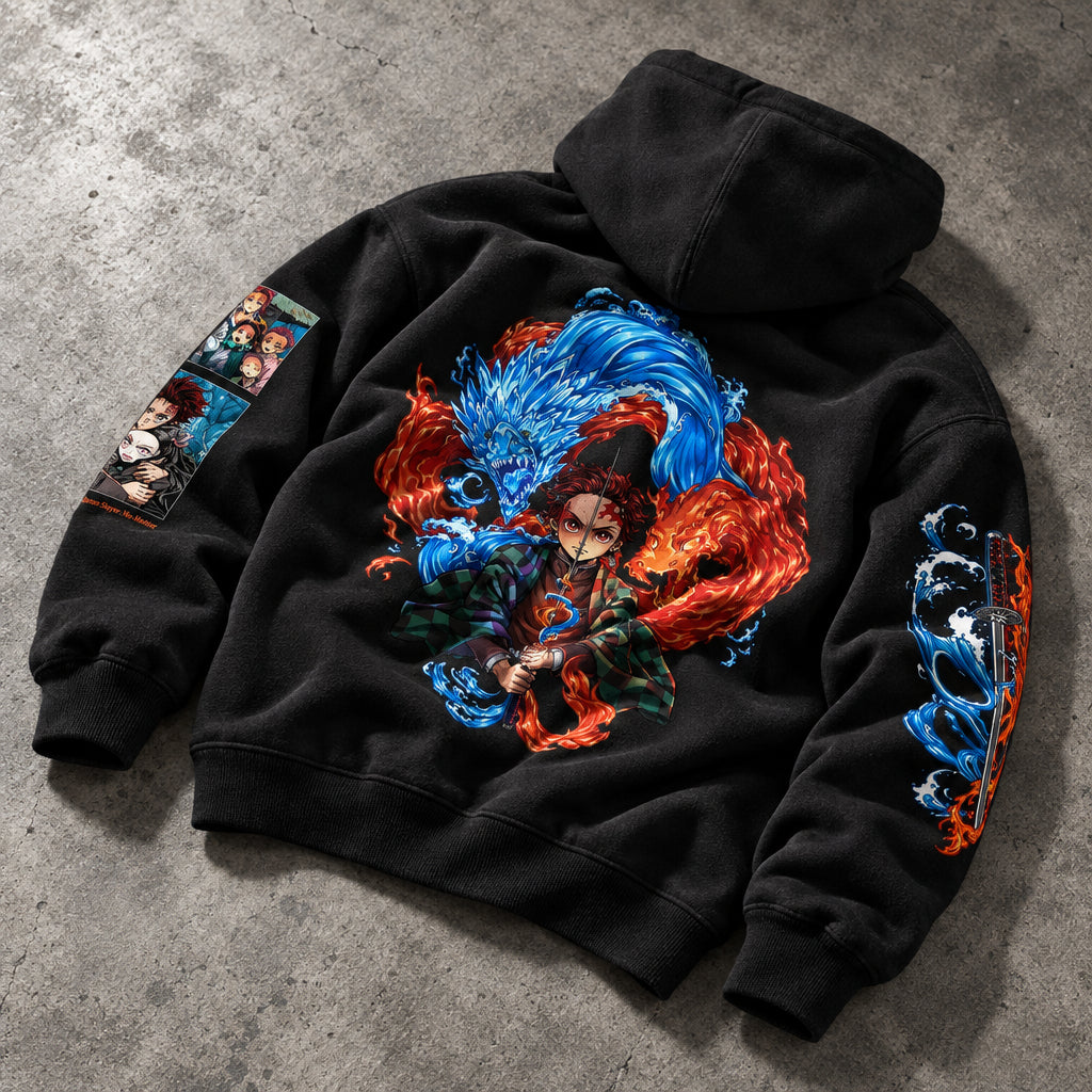 Water Dragon Breath Swordsman Graphic Black Hoodie - Heavyweight Cotton Manga Streetwear Pullover for Men & Women