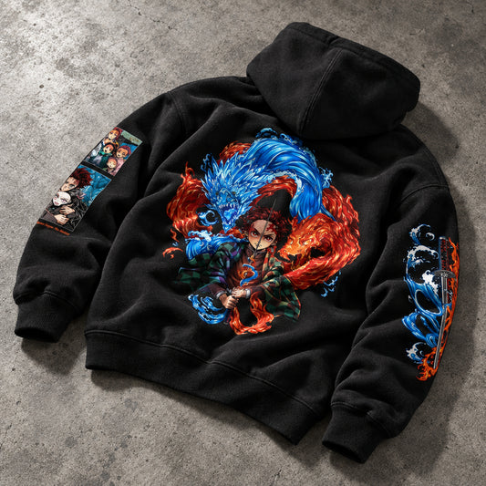 Water Dragon Breath Swordsman Graphic Black Hoodie - Heavyweight Cotton Manga Streetwear Pullover for Men & Women