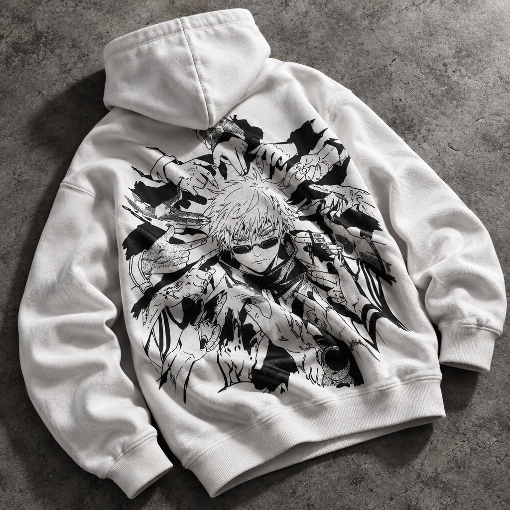 White Hair Sorcerer Master Graphic White Hoodie - Heavyweight Cotton Anime Streetwear Pullover for Men & Women