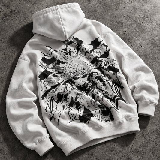 White Hair Sorcerer Master Graphic White Hoodie - Heavyweight Cotton Anime Streetwear Pullover for Men & Women