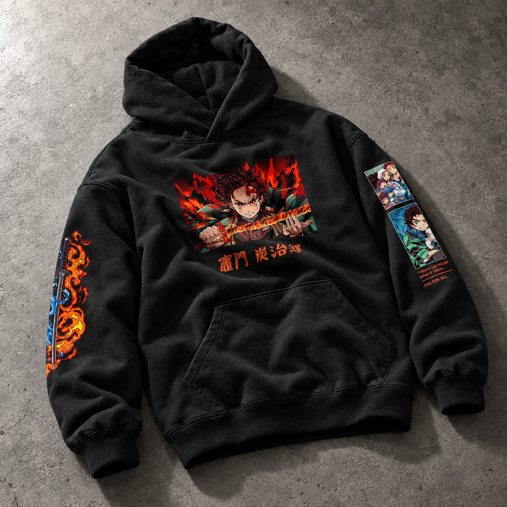 Water Dragon Breath Swordsman Graphic Black Hoodie - Heavyweight Cotton Manga Streetwear Pullover for Men & Women
