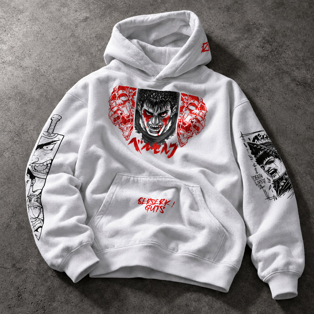 Dark Hound Slayer Multi-Panel Graphic White Pullover - Premium Brushed Fleece Drop-Shoulder Winter Manga Hooded Sweatshirt Cairo
