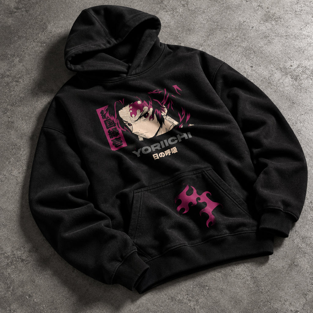 Legendary Sun Swordsman Graphic Black Hoodie - Heavyweight Cotton Japanese Manga Streetwear Pullover for Men & Women