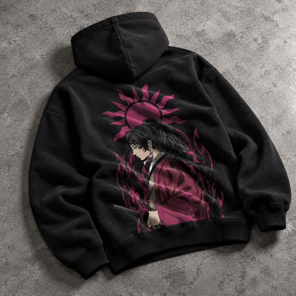 Legendary Sun Swordsman Graphic Black Hoodie - Heavyweight Cotton Japanese Manga Streetwear Pullover for Men & Women
